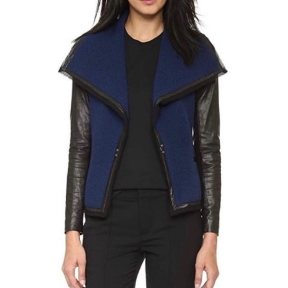 VINCE Womens 8 Black Blue Wool Leather Open Front Blazer Jacket Cardigan Sweater